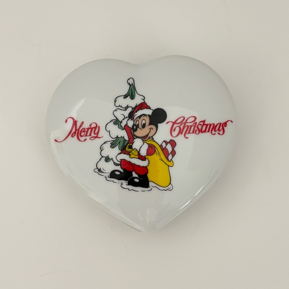 Disney Mickey Mouse Santa Merry Christmas Porcelain Heart Trinket Box